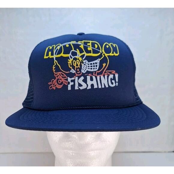 Headmost Other - Hooked On Fishing Vintage Trucker Hat - Snapback Mesh - Funny - Navy Blue